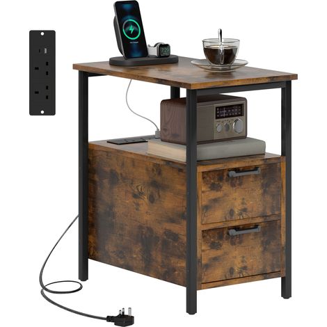 HOMCOM Bedside Table with Charging Station for Living Room, Rustic Brown (1/5)