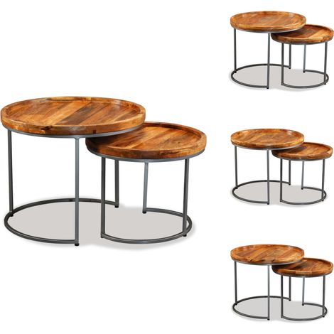 Ensemble de tables d'appoint 2 pcs Bois de manguier massif - Table Basse Industrielle - Table D'appoint Design - Meubles Vintage - Table En Bois Massif - Table D'appoint Rustique (1/5)