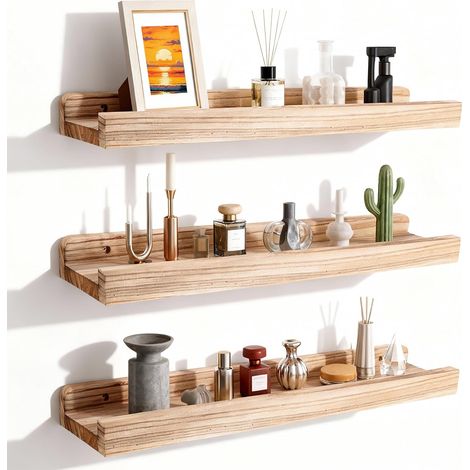 Etagères Murales Lot de 3 Étagères Flottantes en Bois 42cm/16.5in, Décoration Murale Rustique pour Salon Cuisine Chambre à Coucher Salle de Bain POrganisation de la Maison, Bois Naturel (1/5)