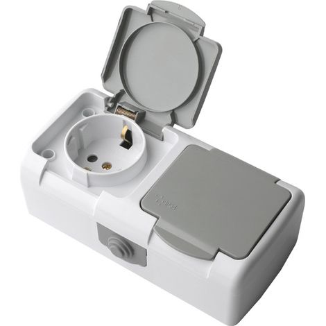 Prise double 2P+T 16A Gris Clair IP54