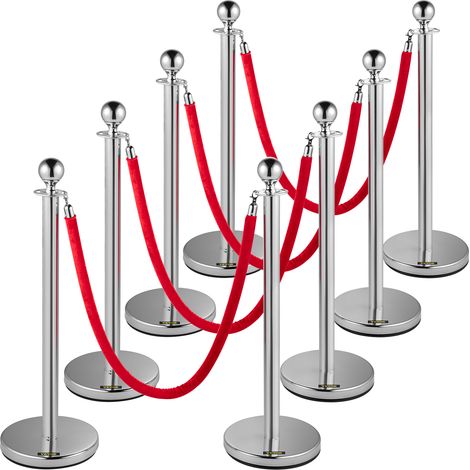 Vevor – Poteaux de contrôle des foules en acier inoxydable 201 – Lot de 8 avec cordes de velours rouge 1,5m – Base stable pour événements publics