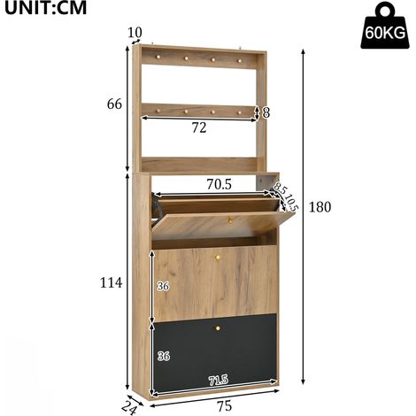 Meuble de rangement à chaussures contemporain, 3 casiers rabattables avec patères, parfait pour couloir, finition chêne et noir, dimensions : L 75 x H 180 x P 24 cm (1/5)
