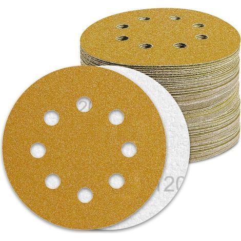 Disco abrasivo P120 de 125 mm – Paquete de 100 discos para lijadora orbital – Óo de aluminio dorado – Perforado previamente para extracción de polvo - 100 unidades (1/5)