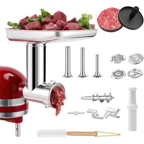Accessoire Hachoir à Viande pour Robot Ménager KitchenAid, Comprend Un Poussoir à Saucisse, Une Brosse de Nettoyage, Acier Inoxydable Un Ensemble Trancheur-râpe pour KitchenAid (1/5)