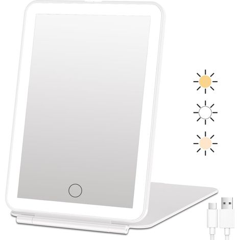 Wiederaufladbarer Kosmetikspiegel, ideal für Reisen, mit 3 Farbmodi, Touchscreen mit einstellbarer Helligkeit und integrierter LED-Beleuchtung, kompatibel mit einem Schminktisch. (1/5)