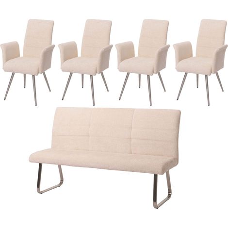 Esszimmer-Set HHG-221, 4er-Set Stuhl mit Armlehne+Sitzbank 180cm, Edelstahl gebürstet Stoff/Textil Chenille creme