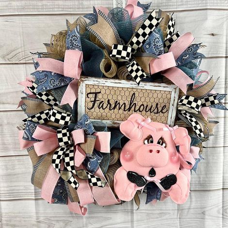 Couronne de fleurs d'automne rustique avec tête de cochon simulée, suspension de porte décorative, 35 cm, décoration champêtre pour porte. (1/2)