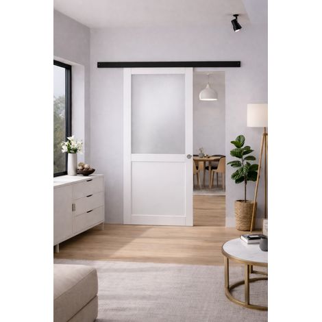 Porte Coulissante Athena Blanc H204 X L93 Cm, Rail Alu Bandeau Noir, Coquilles Gd Menuiseries