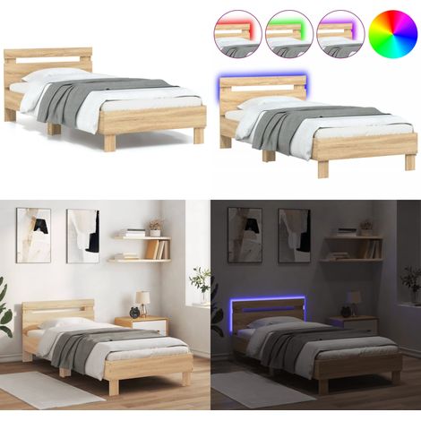 Bettgestell mit Kopfteil und LED-Leuchten Sonoma-Eiche 90x200cm - Bettstellengestell - Holzbettwäsche - Doppelbett - Eiche Möbel - Beleuchtung Im Schlafzimmer - Home & Living (1/5)