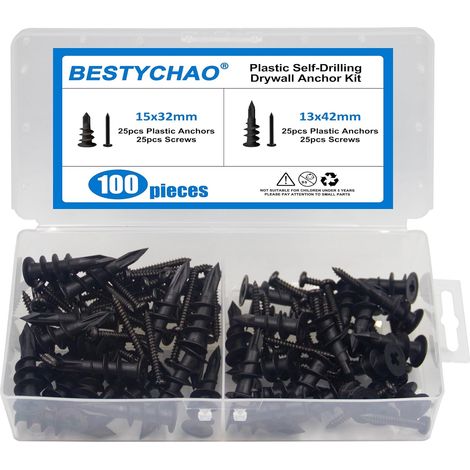 Kit de chevilles et vis pour cloison sèche, chevilles murales en nylon et vis, kit d'assortiment de tailles de chevilles autoperceuses pour mur en plaque de plâtre - Noir (1/5)
