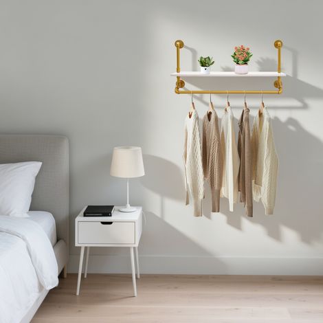 Tringle à vêtements murale avec étagère, 100 x 25 x 50 cm, dorée, convient pour couloir, entrée, chambre à coucher, armoire (1/5)