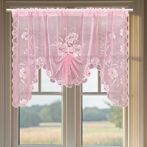Cortinas semitransparentes de encaje floral rosa claro, perfectas para la cocina y el baño. Dimensiones: 100 x 100 cm. (1/5)