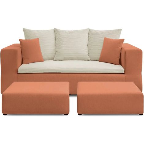 AMBRE - Canapé droit convertible bi-matière avec 2 poufs 4 places Terracotta (1/5)