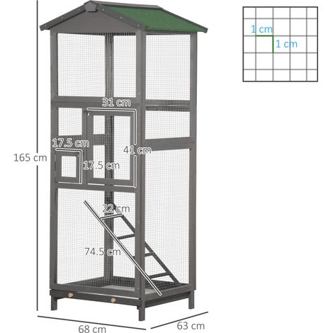 Cage à oiseaux en bois pour usage extérieur, 165 cm de haut (avec deux portes et un plateau amovible), gris clair. (1/5)