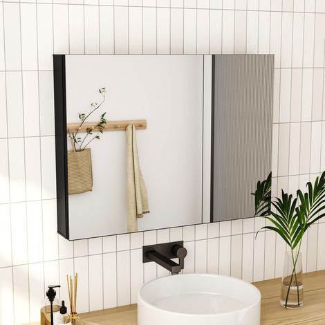 Schwarzer Doppeltür Spiegelschrank mit Innenspiegel 80x60cm Spiegelschränke Badschrank Badezimmer Spiegelschrank Bad mit Spiegel und Verstellbare Glasablage