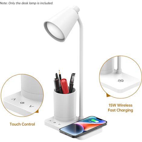 Lampe de bureau LED avec chargeur rapide sans fil 15 W, lampe de lecture confortable, 4 niveaux de luminosité, lumière blanc chaud 4500 K, commandes tactiles et porte-stylo intégré. Idéale pour la mai (1/2)