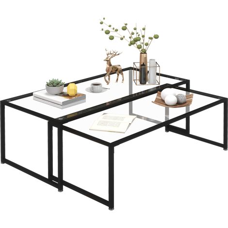 2er-Set Couchtische, Glastische, mit pulverbeschichtetem Stahl, Schwarz + Transparent