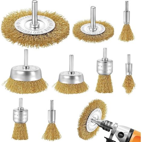 Lot de 9 Brosse Metallique pour Perceuse, Brosse Laiton pour Perceuse Queue de 6 mm, Brosses Meuleuse, Visseuse Perceuse à Pour nettoyer le métal/le bois/la peinture/le brossage de surface (1/5)