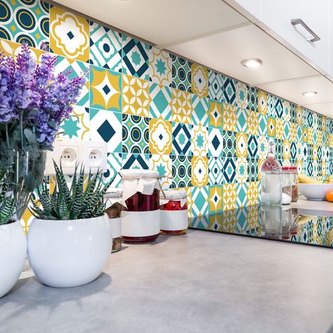 Sticker Mural Carrelage adhésif Cuisine Salle de Bain - 60 STICKERS CARREAUX DE CIMENT AZULEJOS FLORA - 60stickers10x10cm (1/5)