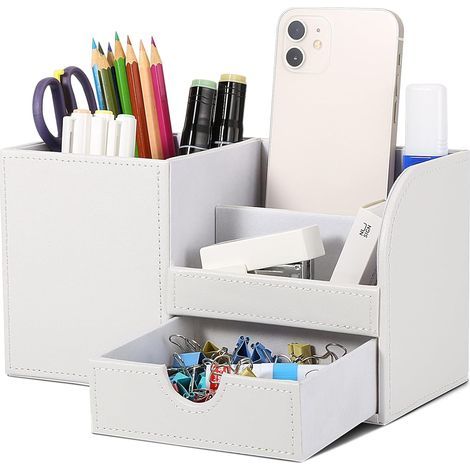 Desk organizer - Desk pen holder - Synthetic leather - Pencil holder - Pencil box - Office accessory - Organization decoration (white 2) (1/5)