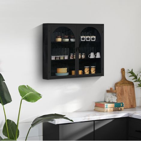Armadio pensile a 2 ante in metallo e vetro temperato nero con ripiano a 3 livelli 70 cm (1/5)