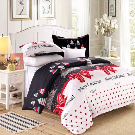 Parure de lit réversible pour lit Simple 1 Housse de Couette + 2 taies d'oreiller sur Le thème de Noël Sapin de Noël/Cloches (1/5)