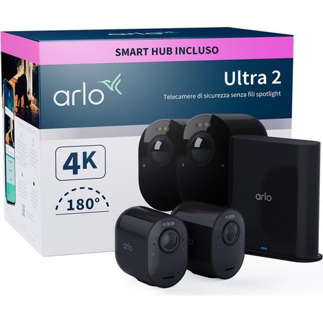 Arlo Ultra 2 Spotlight, 2 telecamere di videosorveglianza WiFi in 4K + base, con faro e allarme, Sensori movimento, audio, Visione 180° Diurna/Notturna, 90 giorni Arlo Secure inclusi, Nero (1/5)
