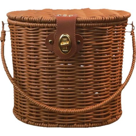 Panier de vélo et de pique-nique en rotin artificiel avec couvercle et fermeture (22×17×19 cm) – Panier de rangement élégant et sûr avec poignée pour vélo et épicerie