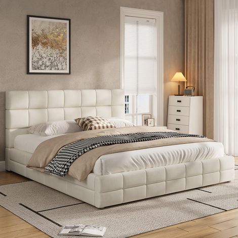 Lit double rembourré - Tête lit confortable - 180x200 cm - style moderne - Bois, MDF - Blanc (1/5)