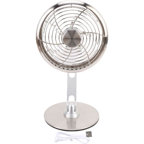 Petit ventilateur de bureau USB, 3 vitesses, silencieux, en métal, style rétro, rotation à 360°, rechargeable, pliable sur trois axes, couleur argent. (1/3)