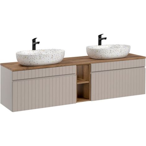 ICON-Set: Waschtischunterschrank 180cm mit sichtbaren Nischen + 2 ovale, gesprenkelte Aufsatzwaschbecken in Multicolor