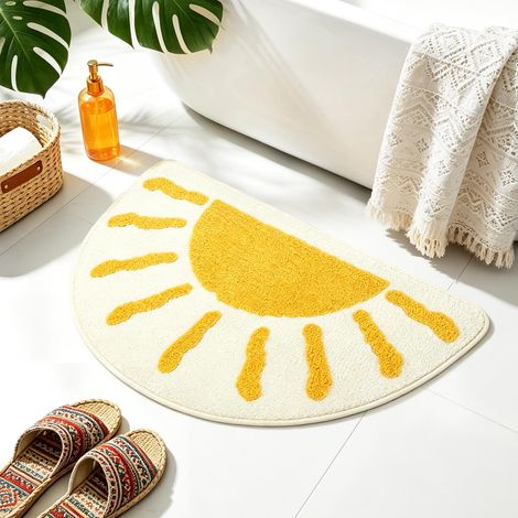 Tapis de bain demi-cercle - Tapis de bain de soleil bohème en blanc et jaune - Antidérapant, doux et absorbant en microfibre - Lavable en machine - Avec dos en caoutchouc - Pour salle de bain, WC (1/5)