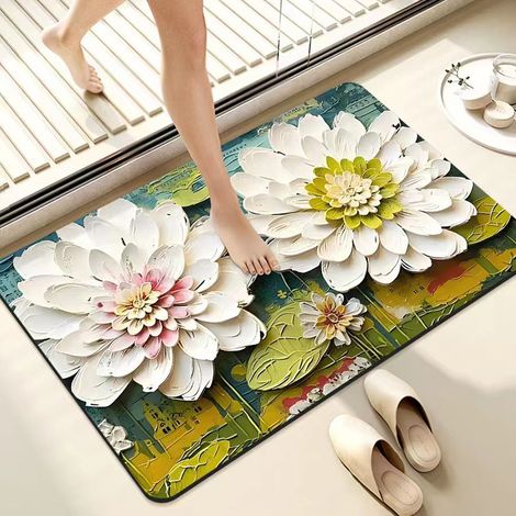 Tapis de bain en diatomite – Absorbant, antidérapant et résistant à la saleté, motif fleuri rose (40 x 60 cm), idéal pour salle de bain, toilettes ou entrée-lsw