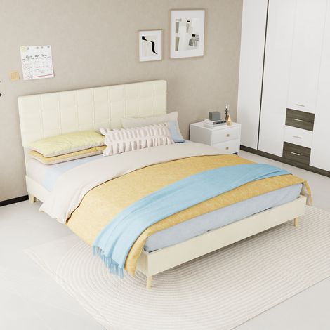 Cama de matrimonio (205x160x104 cm), cabecero acolchado de cuadros, patas de madera, terciopelo beige (1/5)