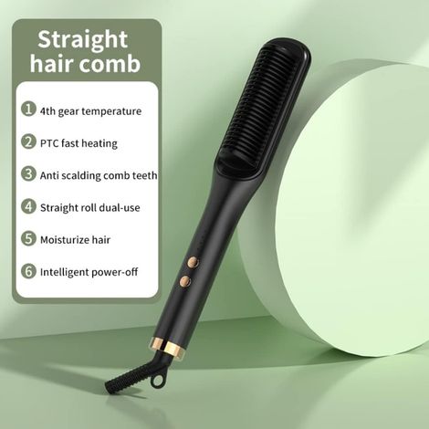 Brosse lissante électrique 2 en 1 : chauffe rapide PTC et conception anti-brûlure pour tous types de cheveux (noire) (1/4)