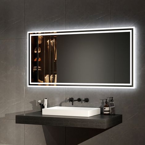 EMKE Espejo de baño con luz, espejo de baño con interruptor mecánico y antivaho, LED iluminación luz blanca y luz cálida, 120 x 60 cm
