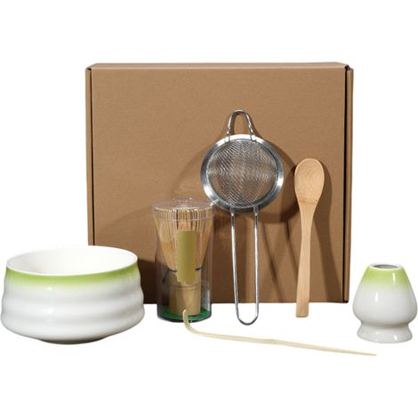 6 pièces, set de cérémonie du thé japonais, bol en céramique, fouet en bambou, cuillère à matcha, support de fouet, brosse de nettoyage, usage domestique et cadeau (1/5)