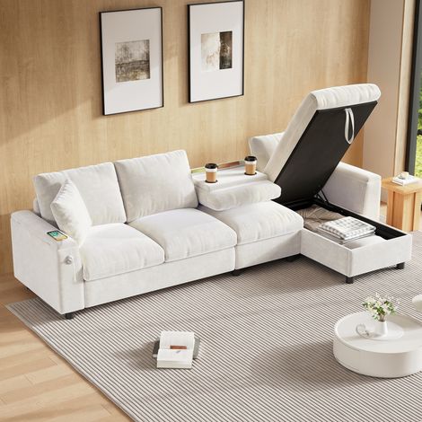 Canapé chenille d’angle L,accoudoirs avec rangement,table pliante,2 porte-gobelets,USB et Type-C,réversible,beige (1/5)