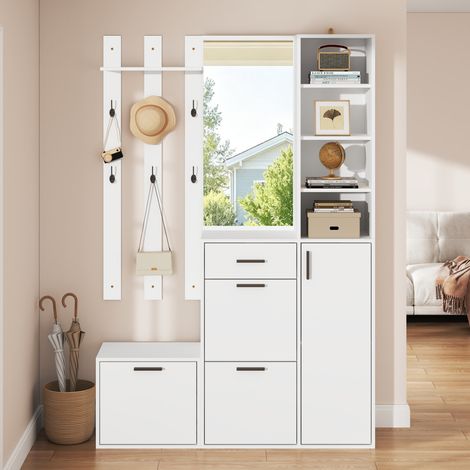 Porte-manteau pour l'entrée, comprenant un meuble à chaussures, un miroir et des patères, meuble à chaussures multifonctionnel, armoire murale avec étagères, pour entrée de couloir, blanc (1/4)