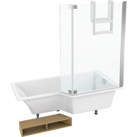 Pack bañera bañera ducha 150 x 80 JACOB DELAFON Neo versión derecha + repisa + mampara de bañera cromada