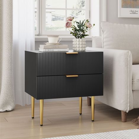 Comodino Moderno, 2 Cassetti, Maniglie in Metallo, Camera da Letto, MDF e Metallo, Nero (1/5)