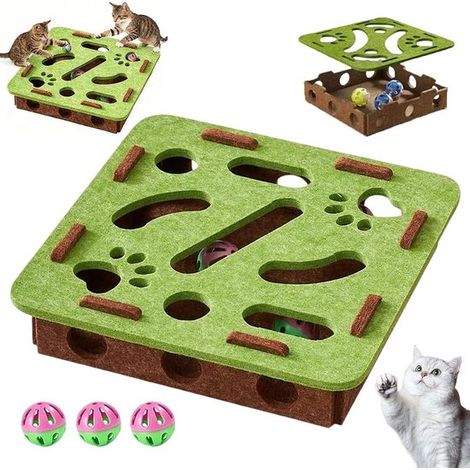Longziming - Griffoir en feutrine pour chat - Jouet interactif - Casse-tête pour chat - Balles à clochettes interchangeables - Distributeur de croquettes anti-glouton - Prévient les comportements dest