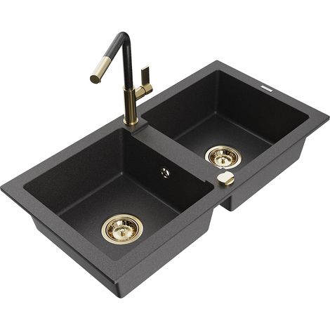 Mexen Mario fregadero de granito de 2 senos con grifo de cocina Flora, negro moteado - 6504-76-670401-75-G (1/5)
