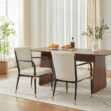 Lot de 2 chaises de salle à manger scandinaves avec accoudoirs, tissu crème, cadre noir et détails dorés (1/5)