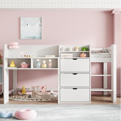 lit chambre enfant rangement maison 90x200 bois blanc OKMYHOME (1/5)