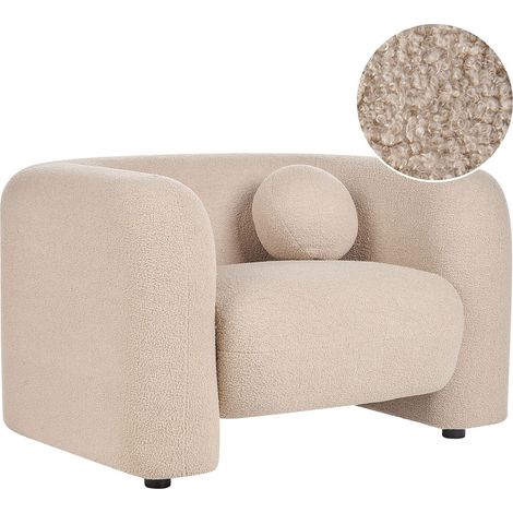 Poltrona in tessuto bouclè beige con cuscino rotondo Leiren