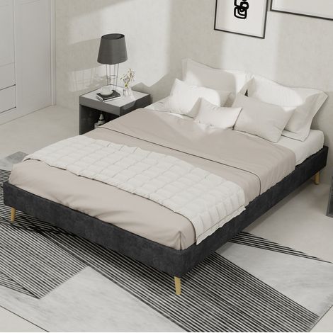 Letto in tessuto e metallo grigio 140x200 cm con rete a doghe e testiera geometrica (1/5)