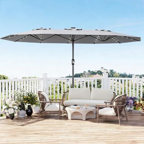 Parasol Rectangulaire XXL 4,5x2,7 m avec 36 LED Solaires, Manivelle, Toile Anti-UV 50+ et Socle Inclus, pour Terrasse, Jardin et Piscine (1/5)