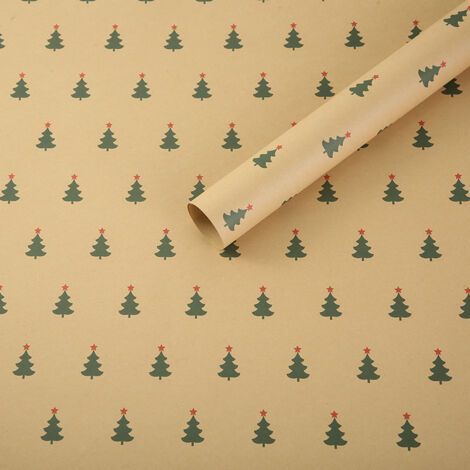 Christmas kraft wrapping paper 75 x 50 cm, eco-friendly, yellow Christmas tree pattern, 5 pieces