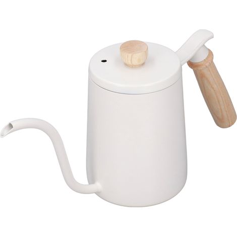 Bouilloire à filtre 600 ml, col de cygne, trou d'aération, poignée en bois, acier inoxydable de qualité alimentaire, ergonomique, blanche (1/5)